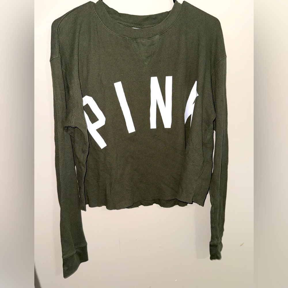 PINK Victoria's Secret Waffle Olive Green Long Sleeve Top